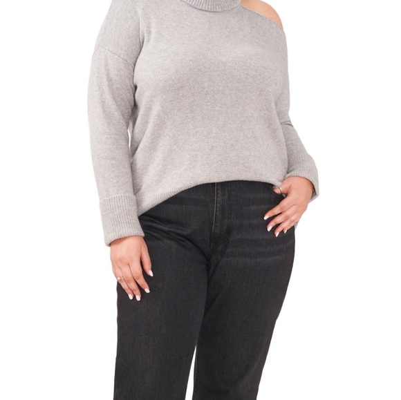 1.STATE Cutout Cold Shoulder Turtleneck Sweater Grey Cotton Relaxed Cozy 2X - Picture 7 of 7